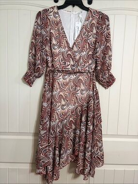 NY Collection Red and Cream Swirl V-Neck tiered skirt sheer overlay Dress M